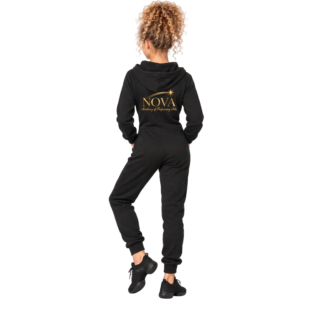 A child model shown from the back wearing a black hooded sweatshirt and matching jogger pants with a gold 'NOVA Academy of Performing Arts' logo printed on the back, set against a light gray studio background.