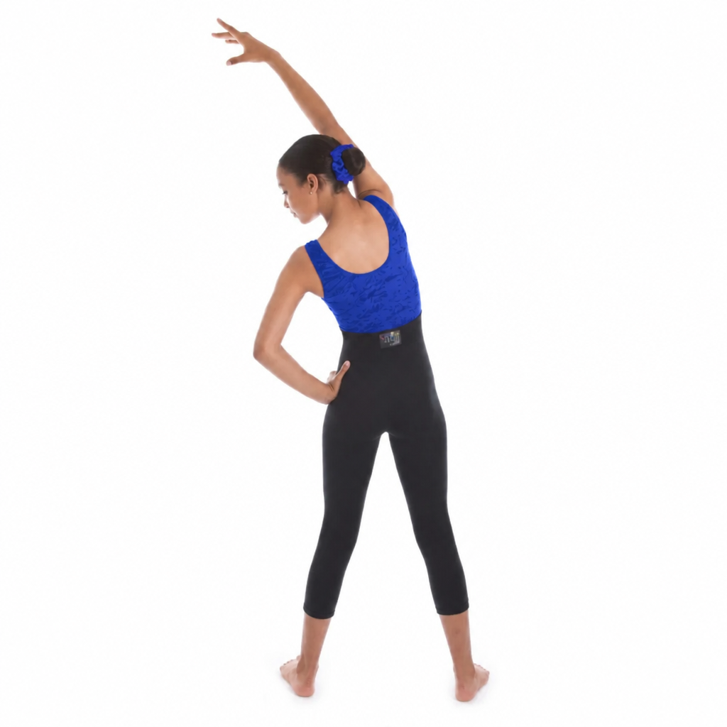 Person wearing a blue top and black leggings on a white background