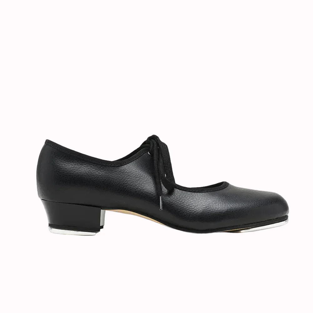 A black leather Mary Jane dance shoe with a low block heel and flat toe, shown in profile against a light gray background.