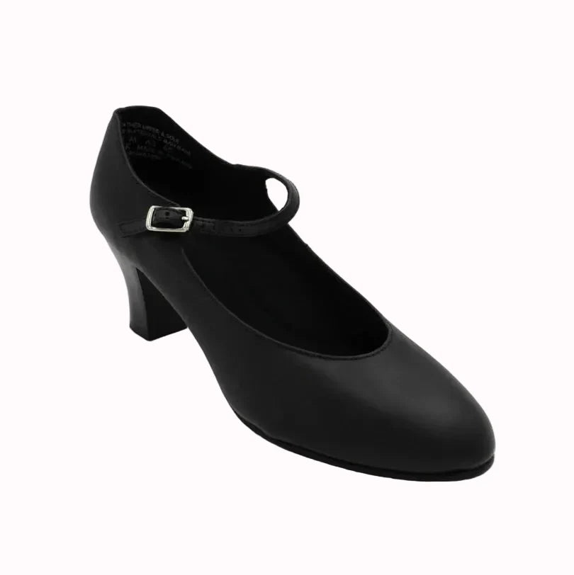 A single black Mary Jane high heel shoe with a small silver buckle, shown from a three-quarters angle on a white background.
