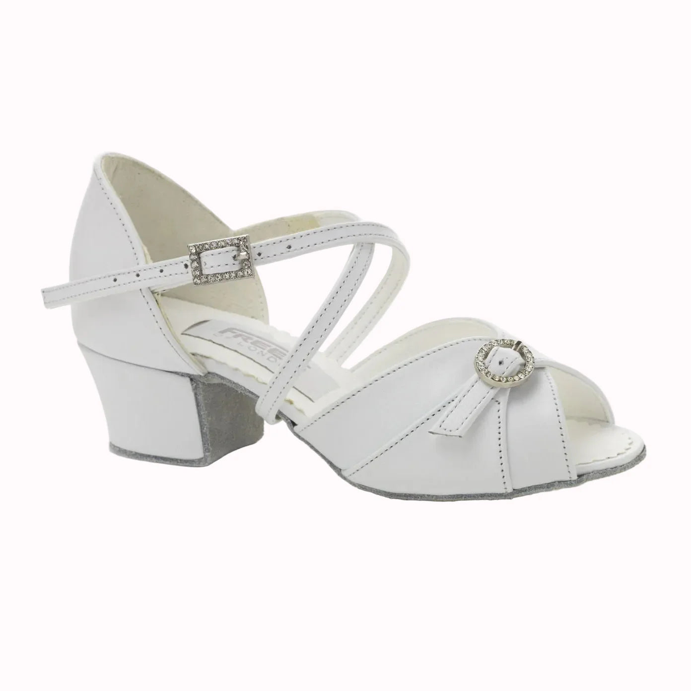 A white leather dance shoe with a low block heel, open toe, and double straps adorned with rhinestone buckles, shown on a white background.