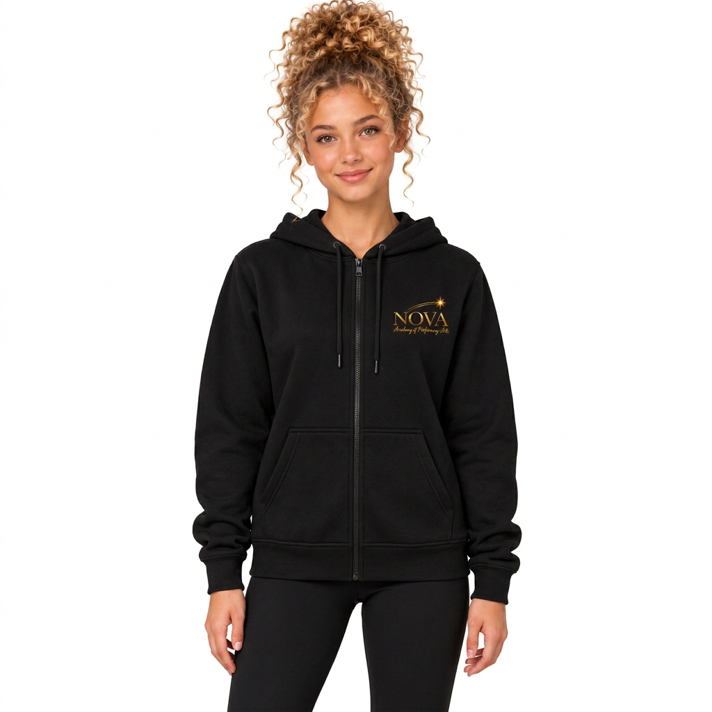 A woman modeling a black zip-up hoodie with a gold 'NOVA' logo on the left chest, paired with black leggings, against a solid light gray studio background.