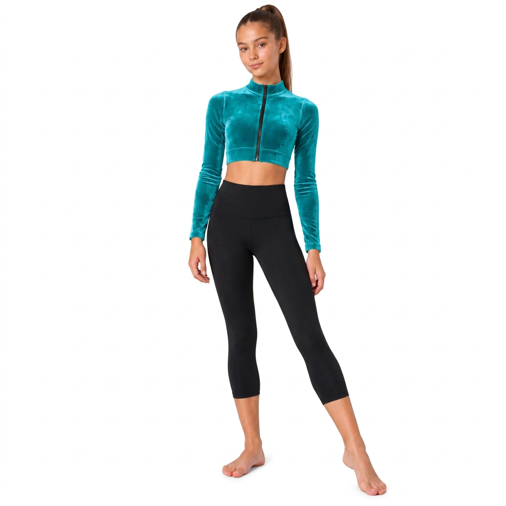 A woman modeling a long-sleeve athletic jumpsuit with a teal green velvet zip-up bodice and black high-waisted leggings, standing against a light gray studio background.