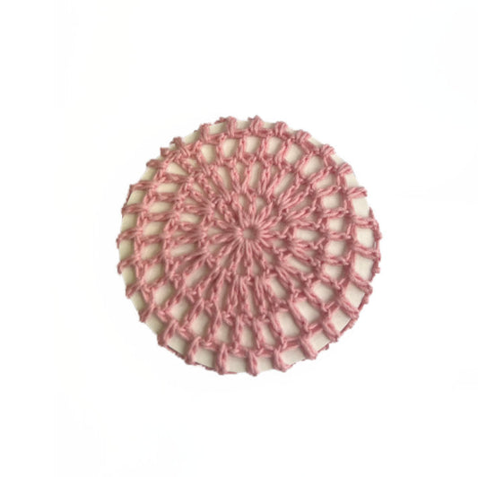 Long hair – in a ballet bun (grips and hair net) with pink bun snood